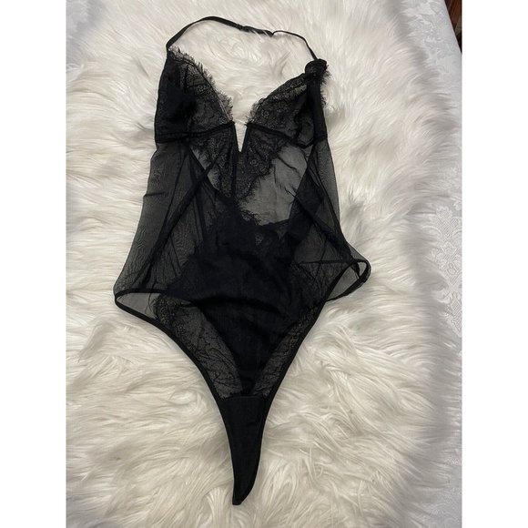 Victoria’s Secret XL Black Thong Sheer Lace Teddy Bodysuit Floral Sexy - Picture 6 of 8